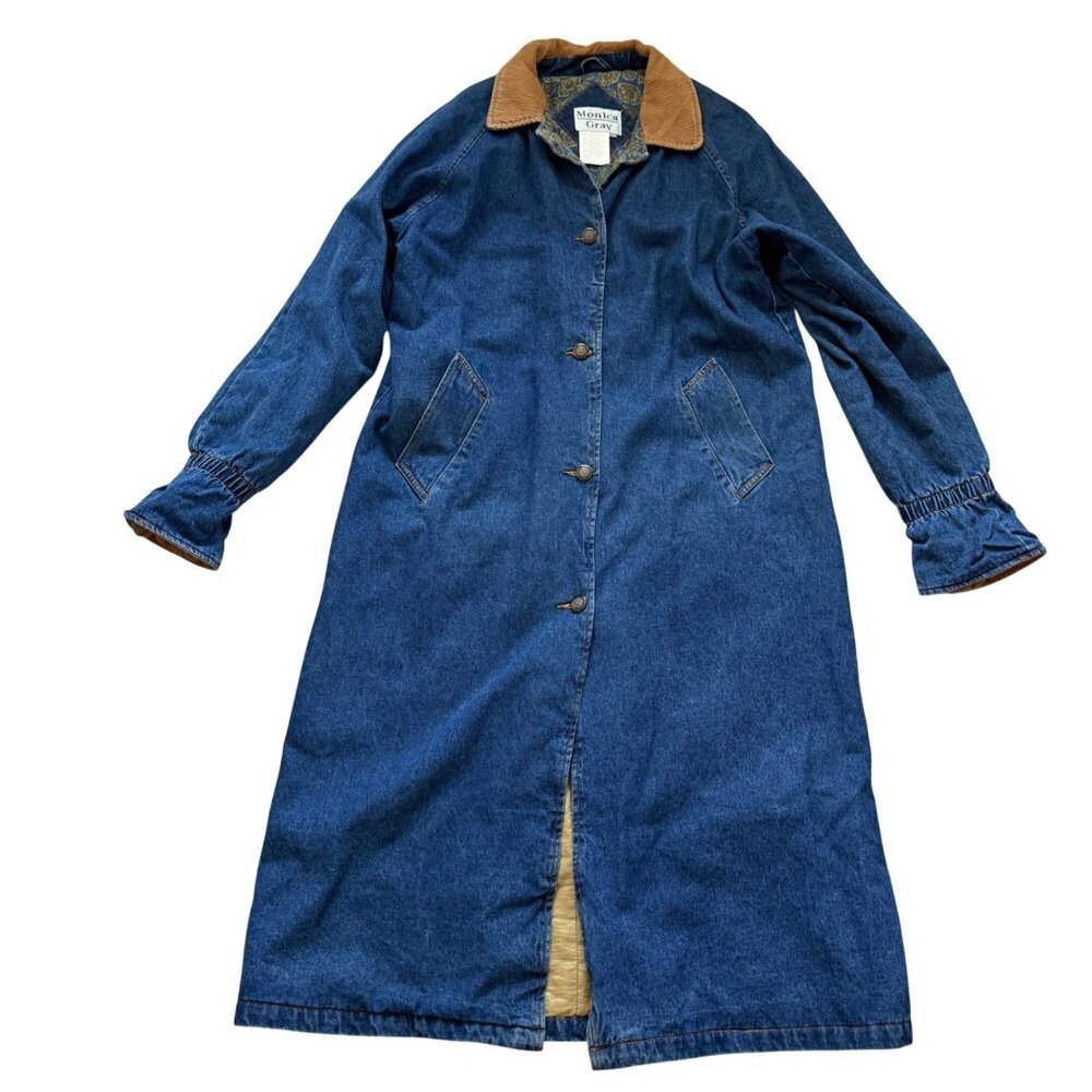 Monica Gray Women's Denim Trench Coat Sz 16T Tall Blue Corduroy Collar Vintage